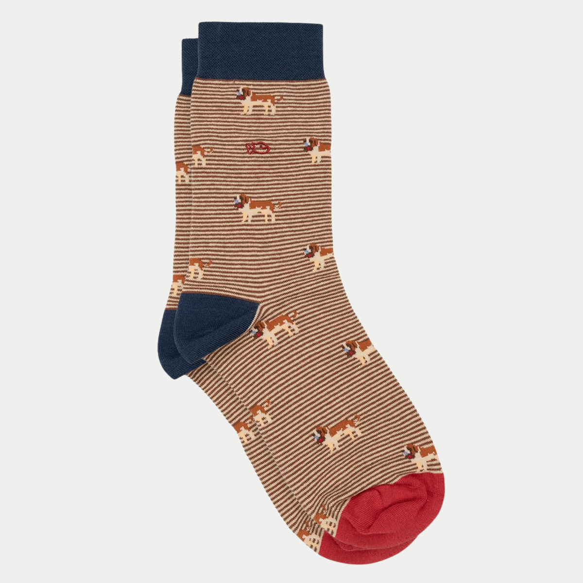 Chaussettes Saint-Bernard BillyBelt à fines rayures marron et beige, talon et bord-côte Bleu Marine, pointe rouge, à plat