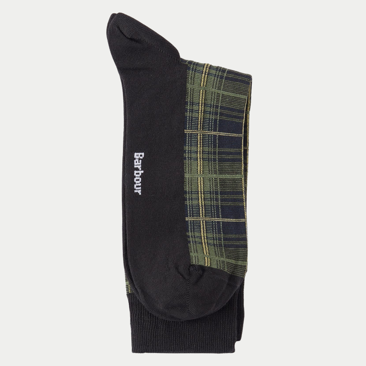 Chaussette Blyth Olive Night pliée de profil, plante de pied noire siglée Barbour, tartan olive et marine sur la tige