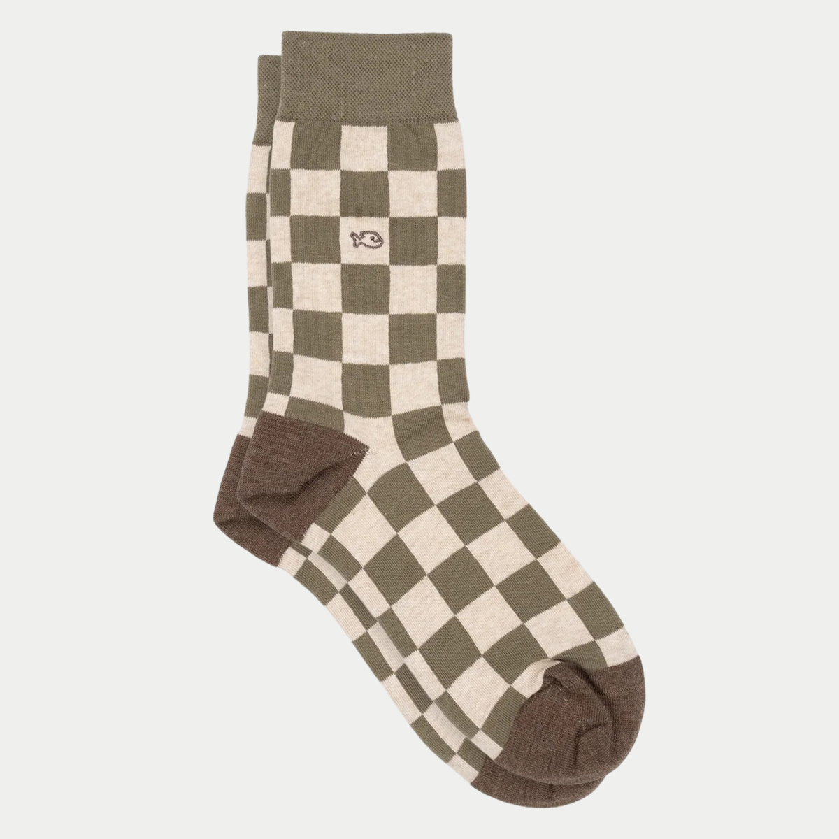 Chaussettes Carreaux Hockenheim BillyBelt à plat, damier vert olive et écru, talon et pointe marron, poisson brodé