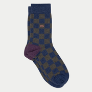 Chaussettes Carreaux Interlagos BillyBelt à plat, damier bleu et vert olive, talon prune et logo poisson brodé