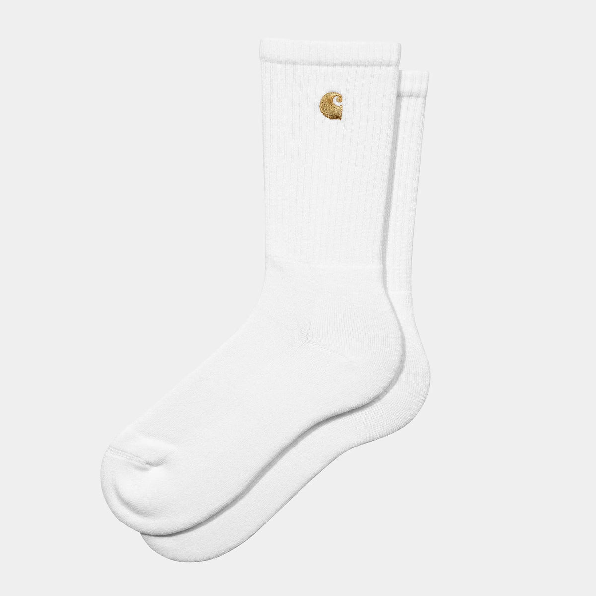 Paire de chaussettes Chase blanches à plat, tige côtelée mi-mollet, bord-côte souple et logo C brodé fil doré