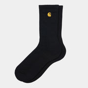 Chaussettes Chase noires à plat, tige côtelée montant au mollet, bord-côte et logo C brodé fil doré contrastant