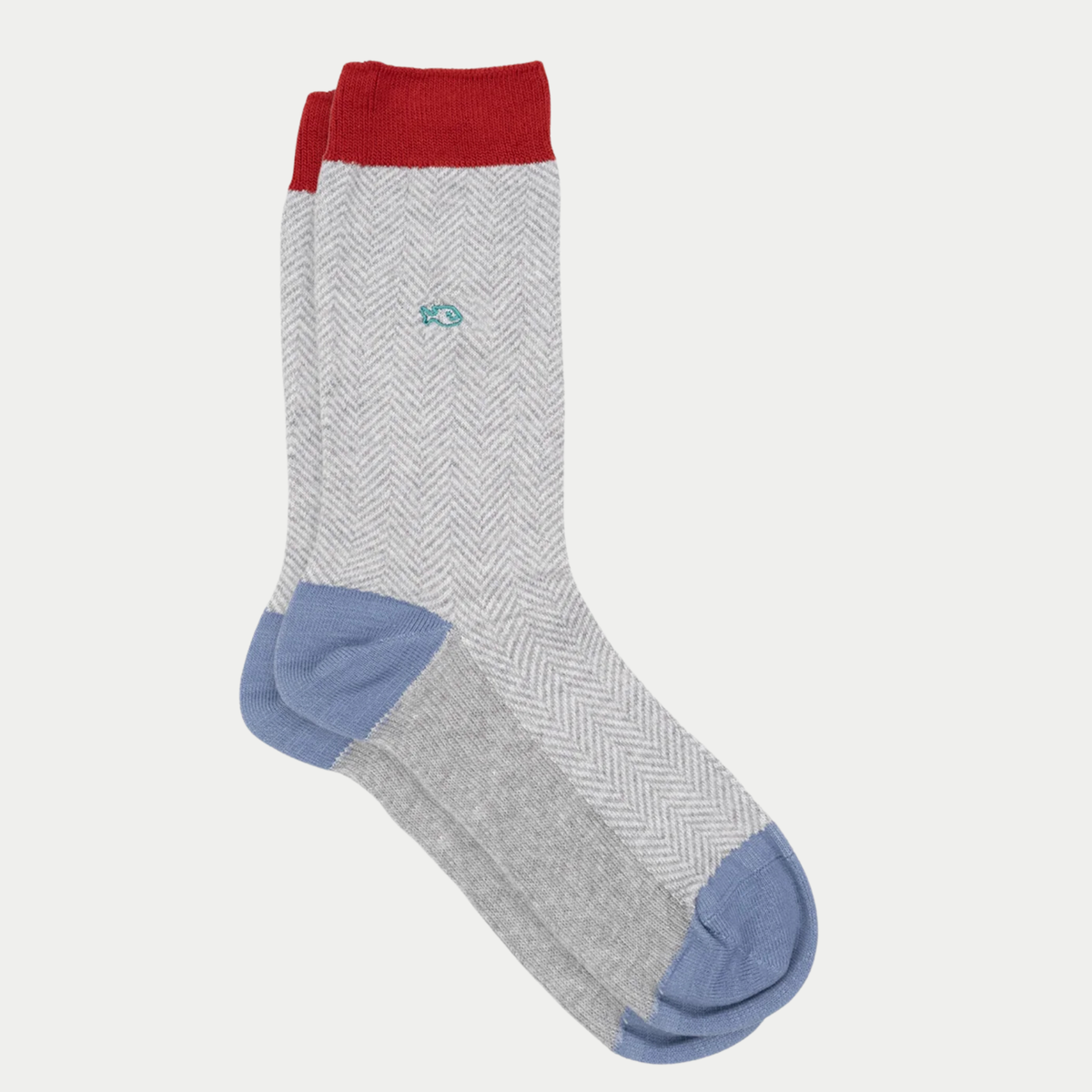 Chaussettes BillyBelt à chevrons gris clair et blanc à plat, bord-côte rouge, talon et pointe bleu ciel