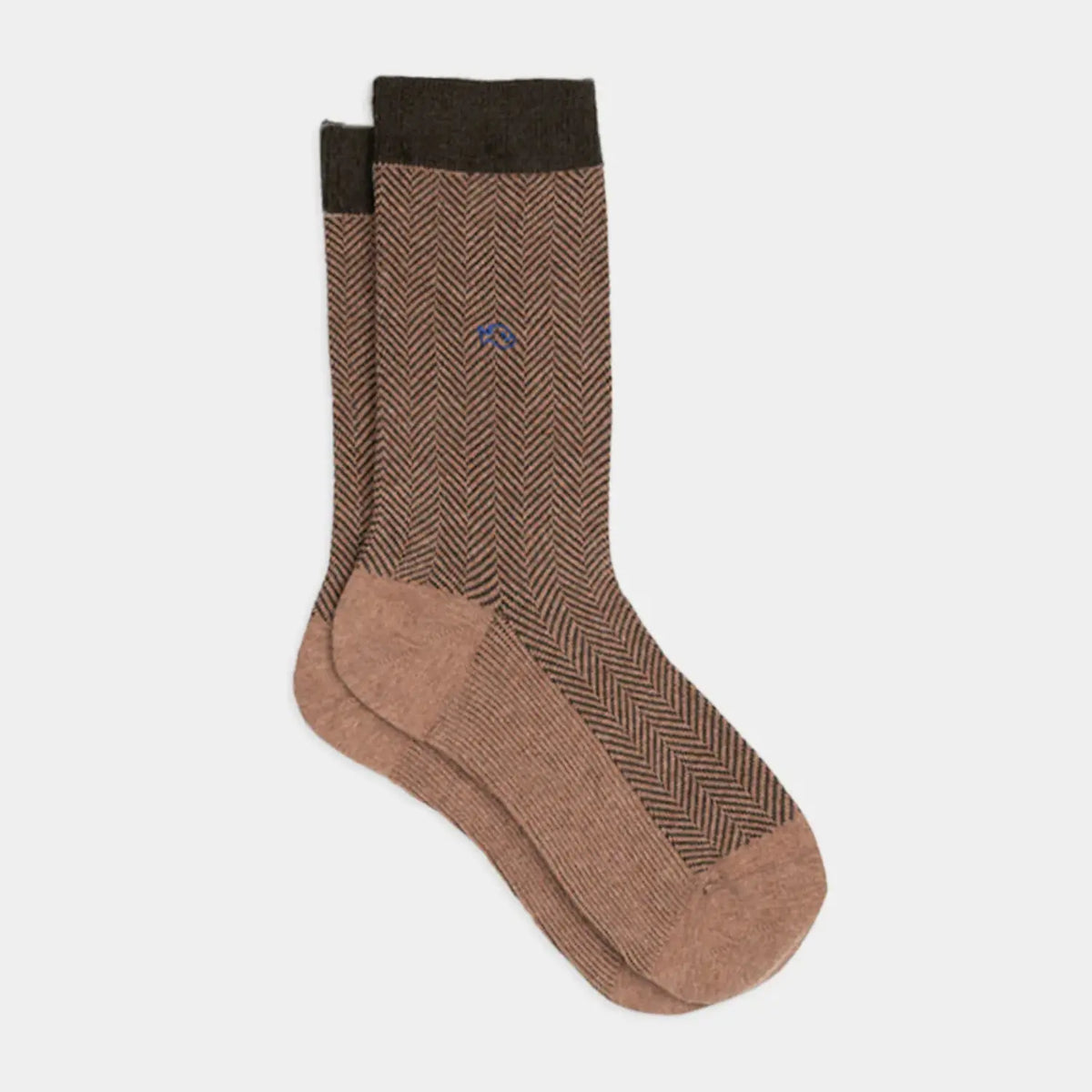 Chaussettes BillyBelt à chevrons marron et beige à plat, talon et pointe beige chiné, bord-côte chocolat