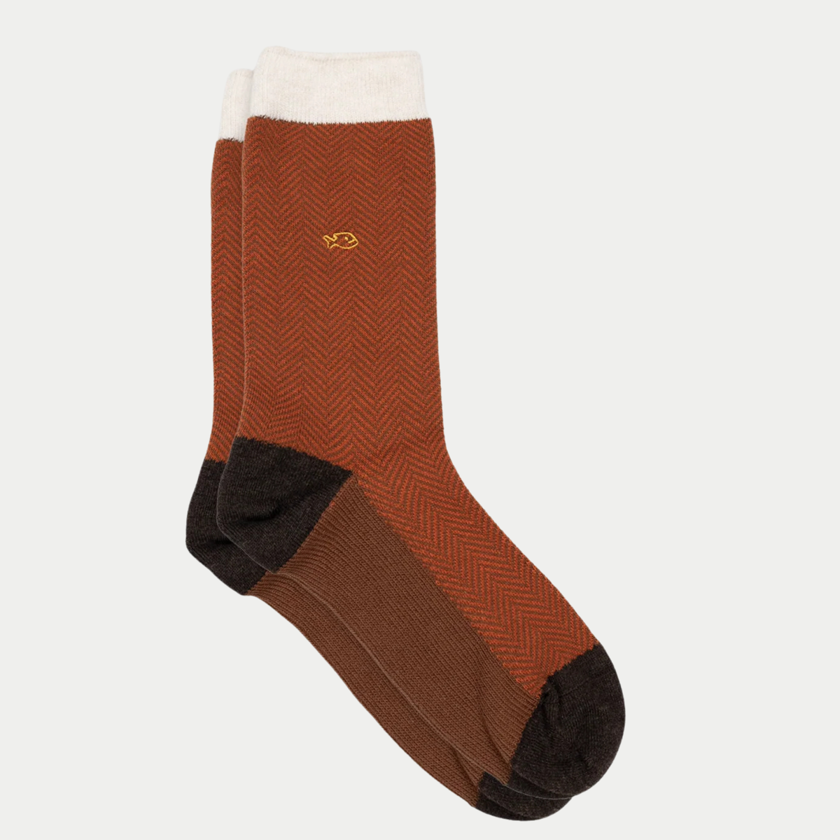 Chaussettes Chevrons Sépia BillyBelt à plat : chevrons rouge brique, talon et pointe marron, revers écru