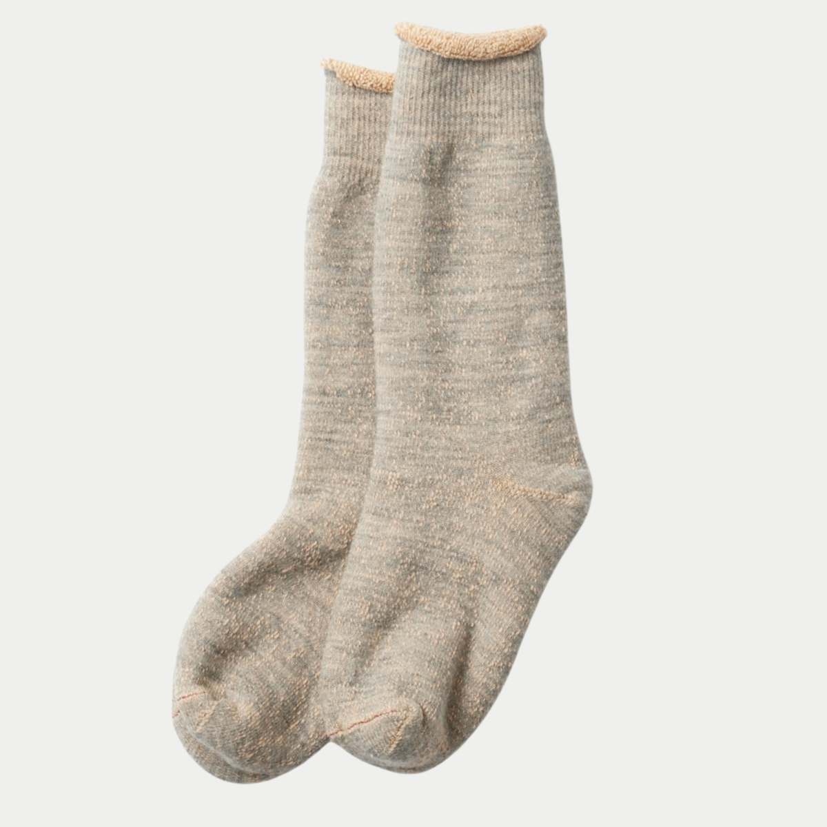 Chaussettes ROTOTO Double Face Gris / Marron - paire à plat, maille gris chiné et bord roulotté molletonné