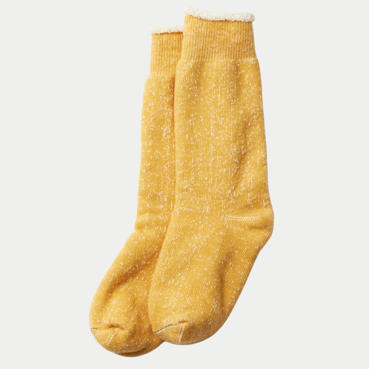 Paire de chaussettes ROTOTO Double Face jaune moutarde chiné, revers écru roulotté, vue de profil à plat