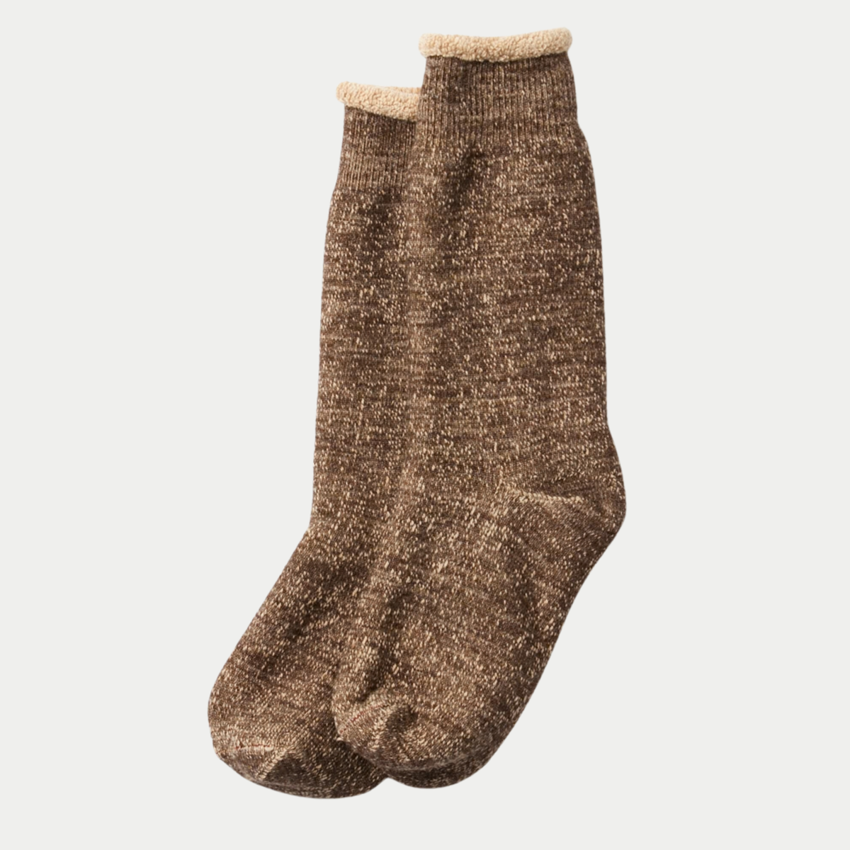 Chaussettes ROTOTO Double Face Marron Foncé / Marron - paire à plat, maille marron chiné et bord roulotté molletonné