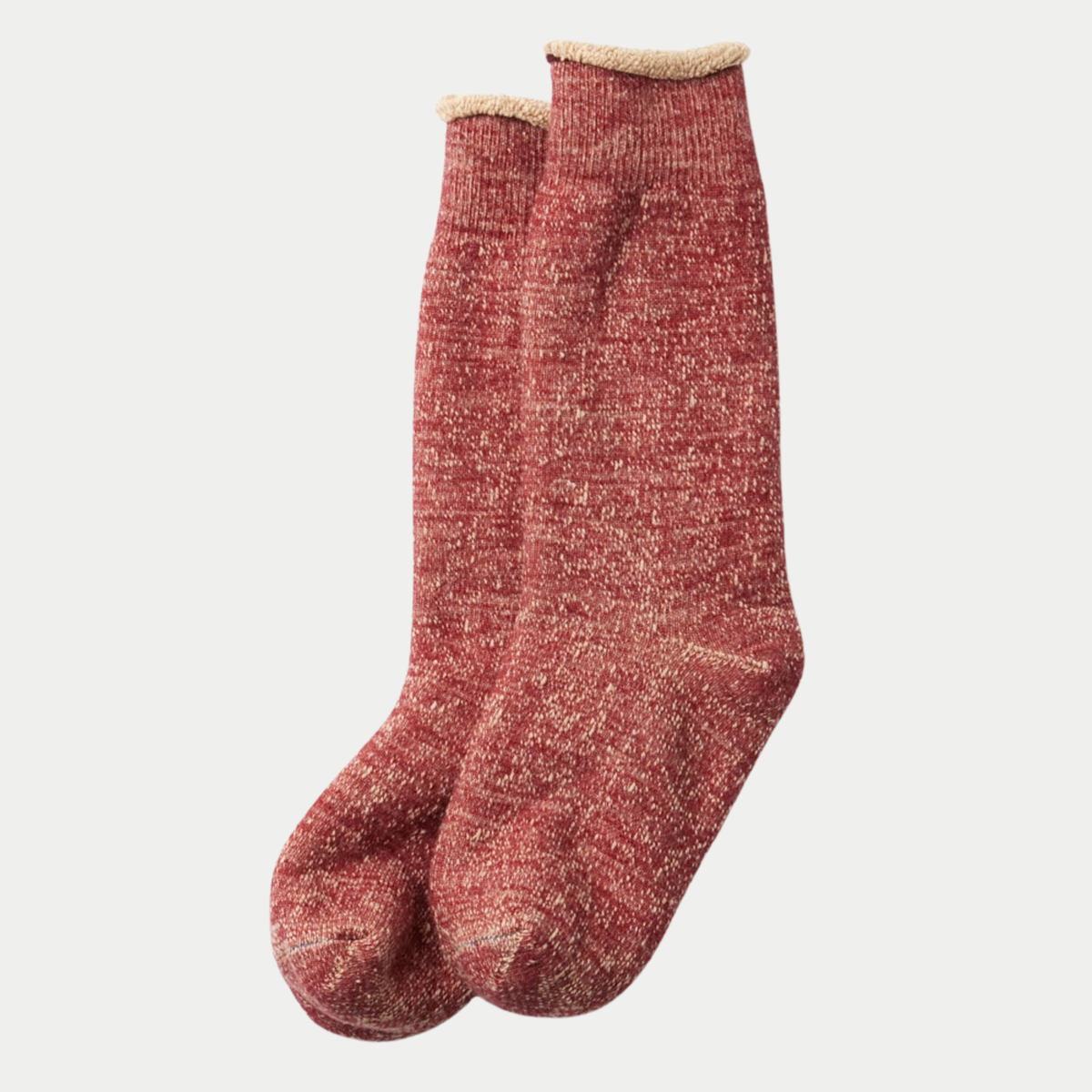 Chaussettes ROTOTO Double Face Rouge / Marron - paire à plat, maille rouge chiné et bord roulotté molletonné