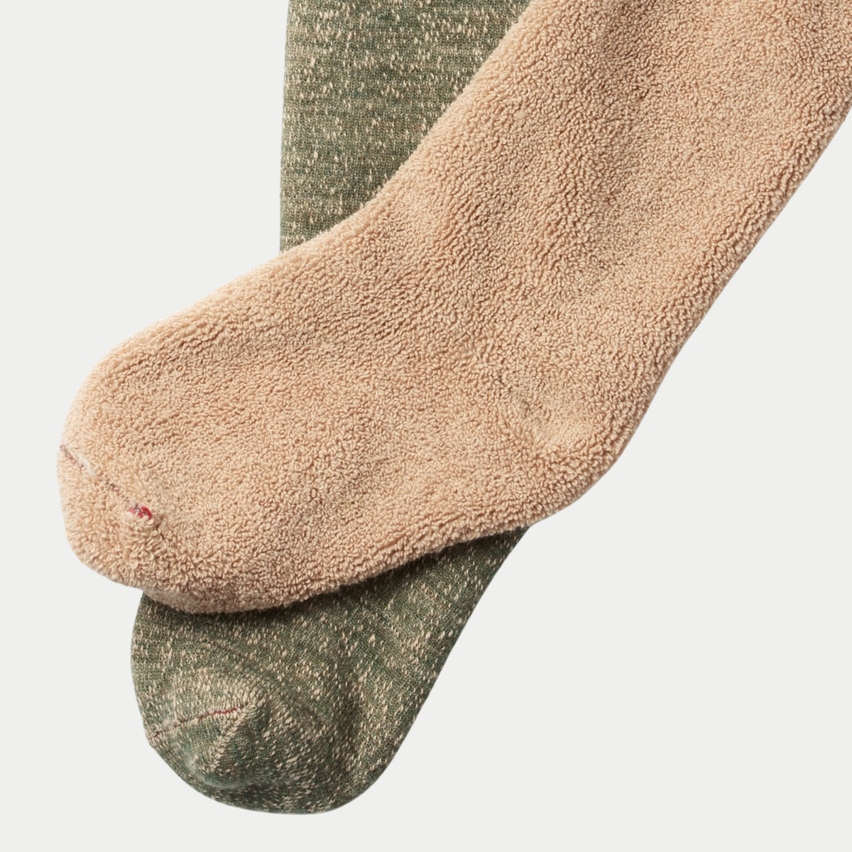 Chaussettes ROTOTO Double Face Vert / Marron - chaussette retournée montrant la doublure molletonnée beige