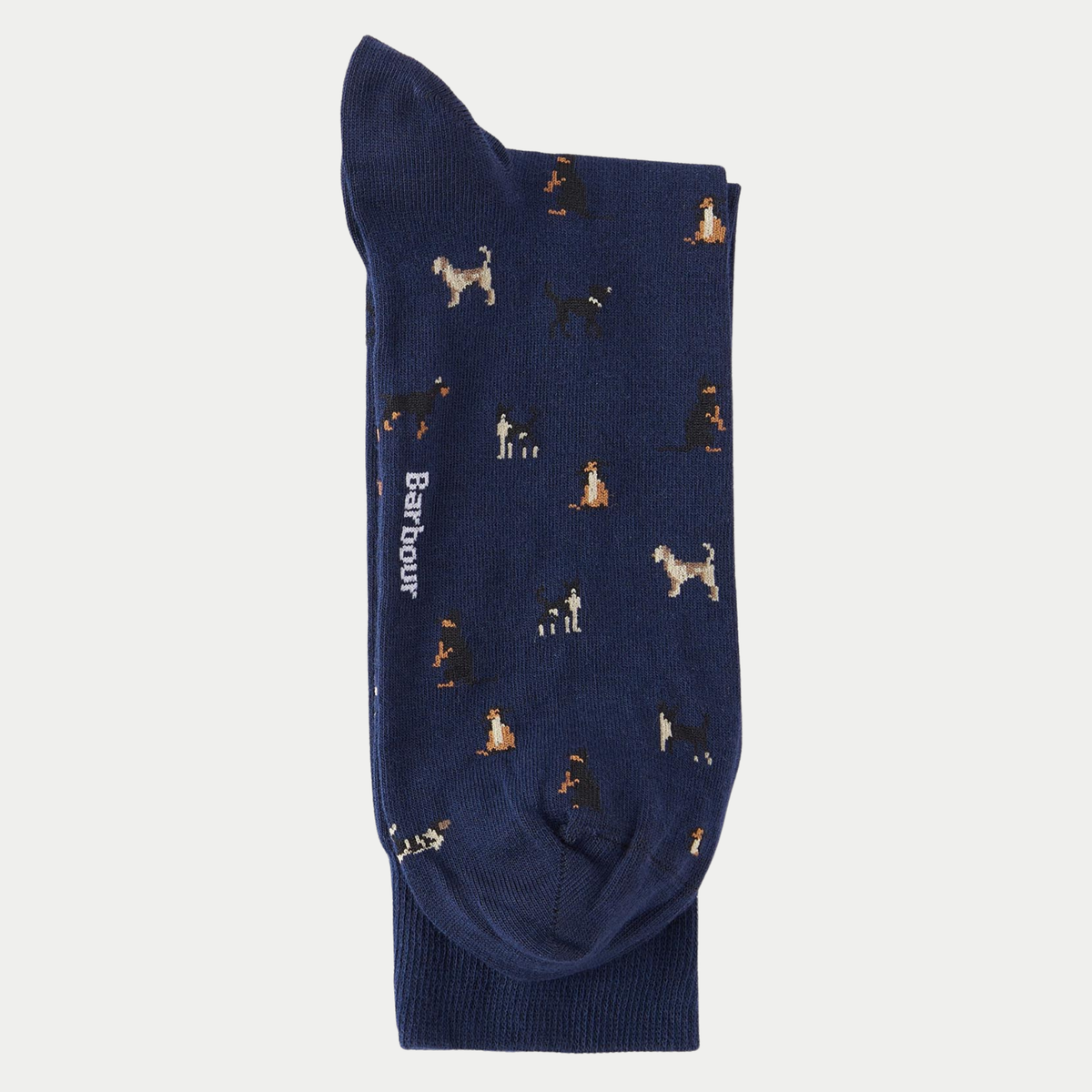 Chaussettes bleu marine pliées, bord-côte côtelé en bas, logo Barbour vertical et chiens épars sur la tige