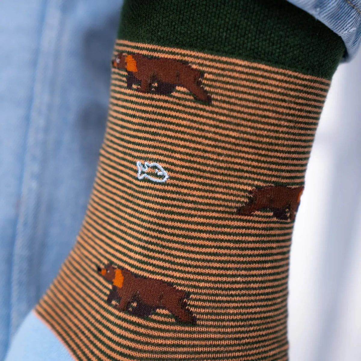 Gros plan du motif ours brun et du logo poisson brodé sur les rayures marron clair et vert