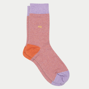 Chaussettes Rayures Crépuscule BillyBelt à plat, micro-rayures orange et violet clair, talon orange, revers et pointe lilas