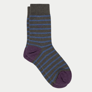 Chaussettes Rayures Kaki & Bleu BillyBelt - paire à plat, rayures bleues sur fond kaki chiné, talon et pointe prune