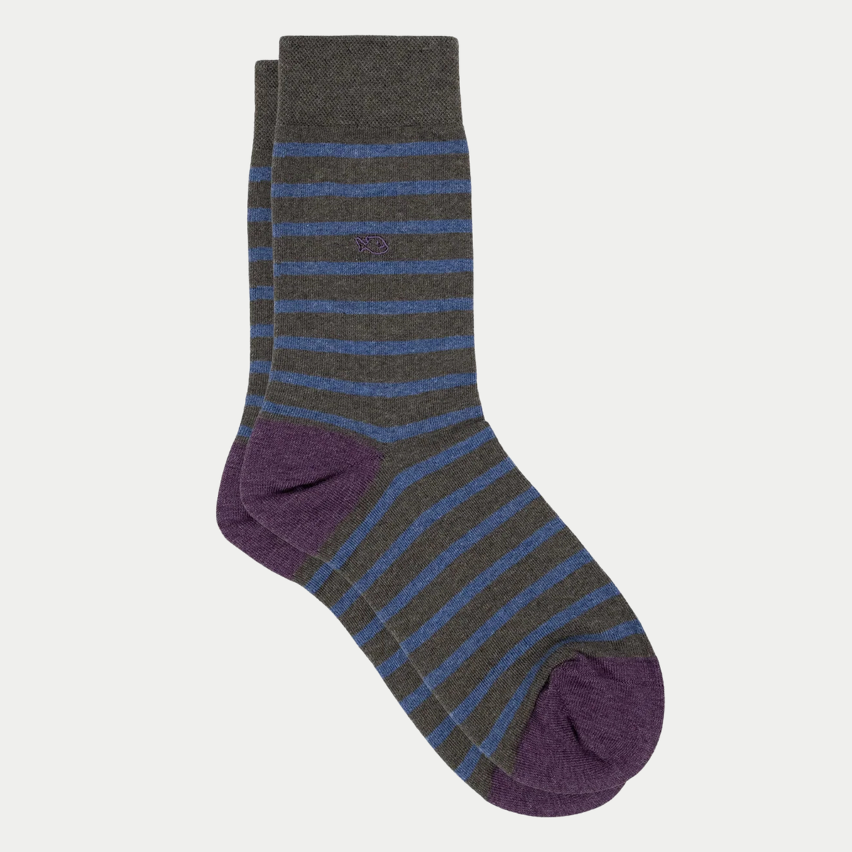 Chaussettes Rayures Kaki & Bleu BillyBelt - paire à plat, rayures bleues sur fond kaki chiné, talon et pointe prune