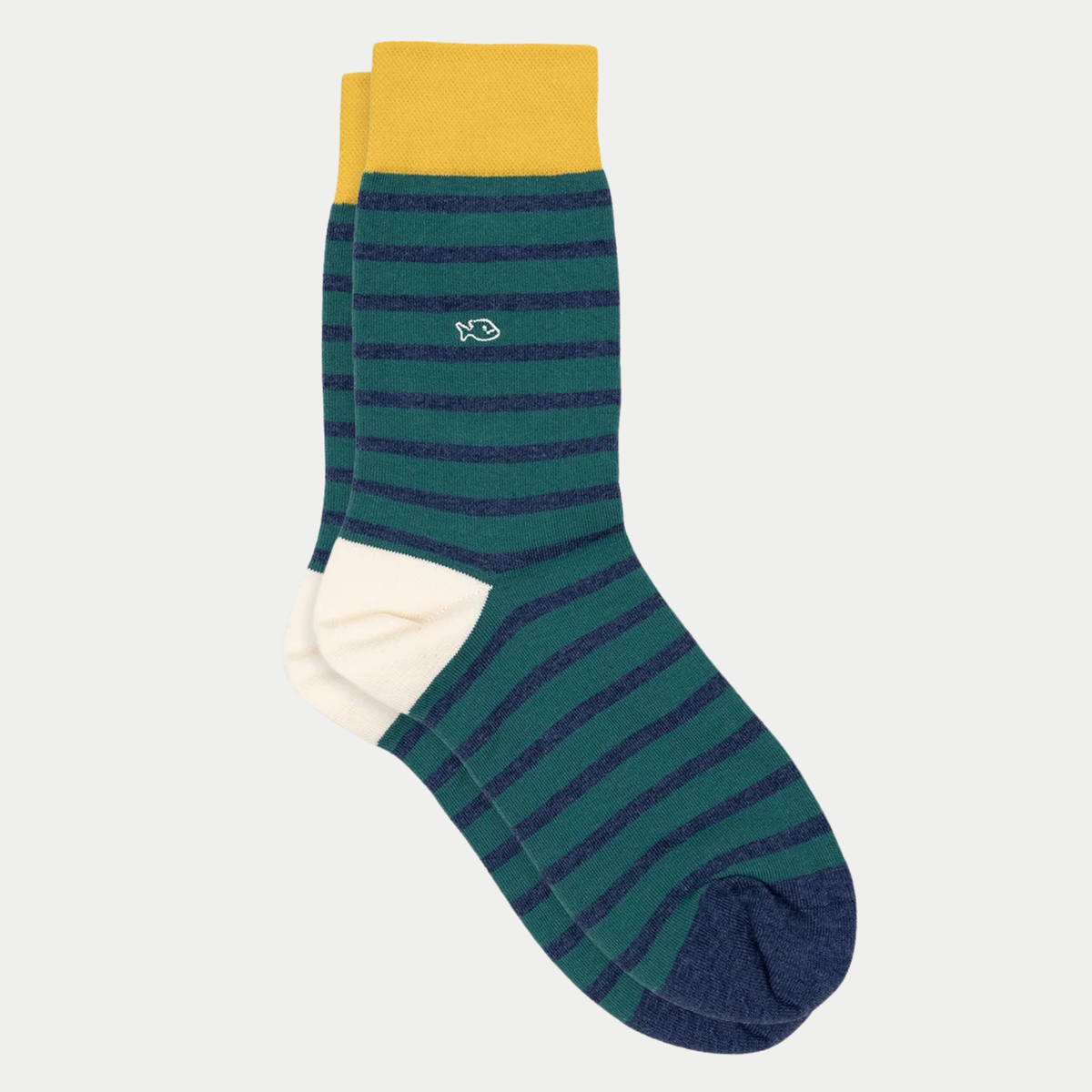 Chaussettes rayures BillyBelt vert et bleu à plat : bord-côte jaune, talon écru et pointe bleue