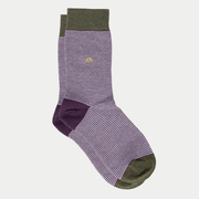 Chaussettes Rayures BillyBelt Violet & Kaki à plat : fines rayures violettes, talon prune, revers et pointe kaki