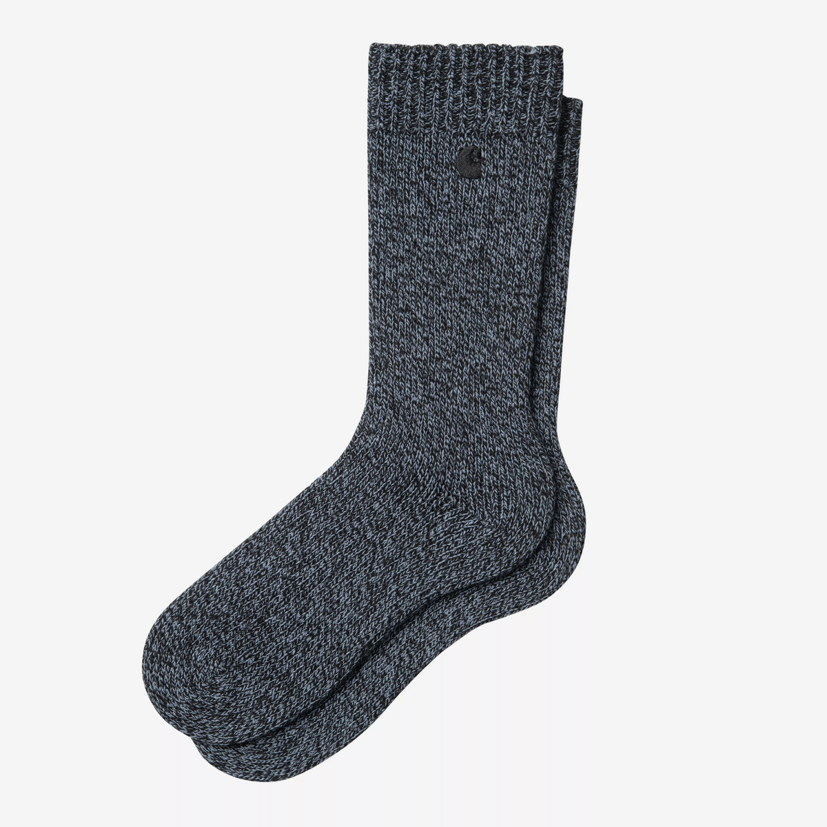 Chaussettes Tony Shady Blue Carhartt WIP, paire pliée, maille côtelée mouliné noir et bleu ardoise, logo C brodé