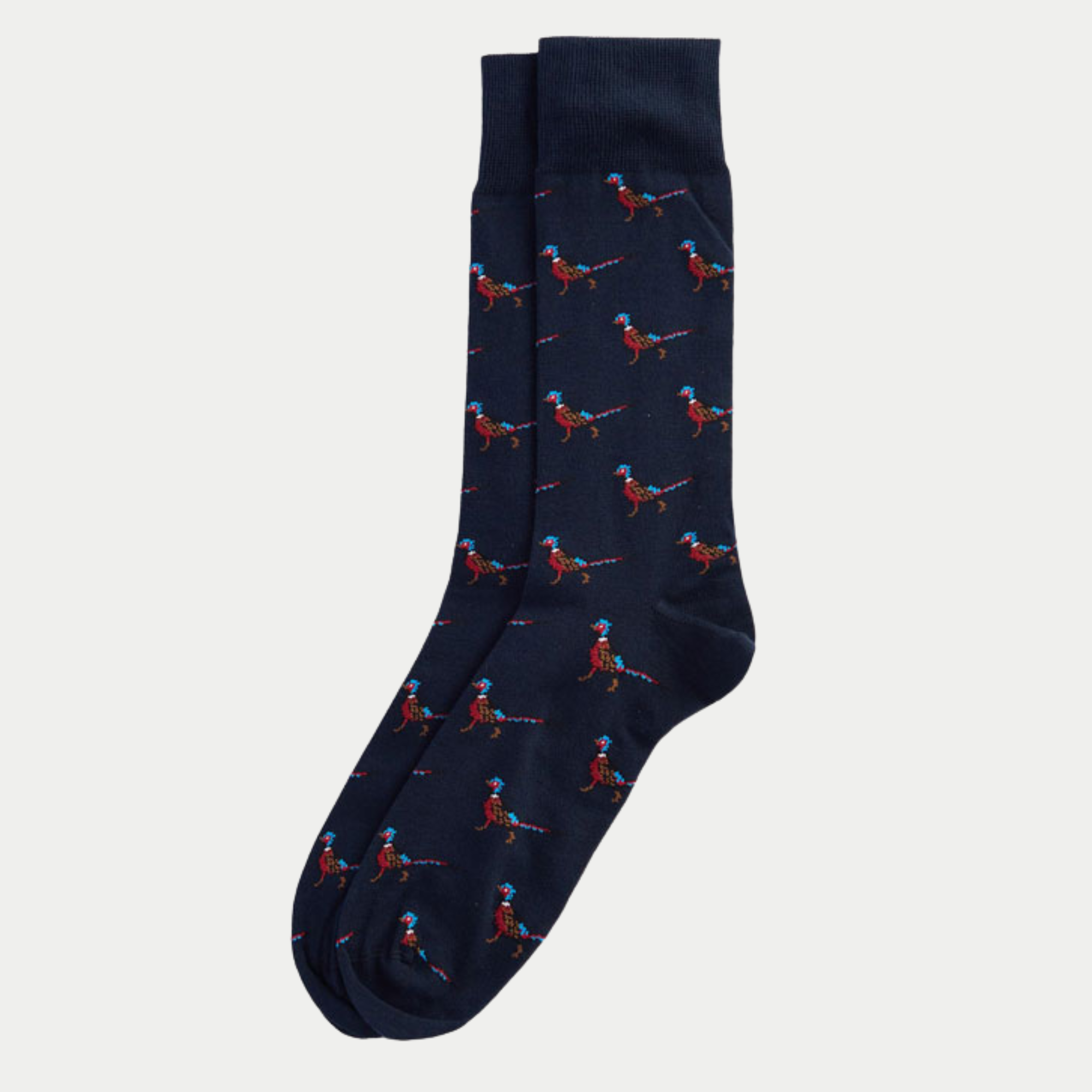 Paire de chaussettes Barbour Mavin bleu marine à plat, semées de faisans au corps rouge brique et à la tête turquoise