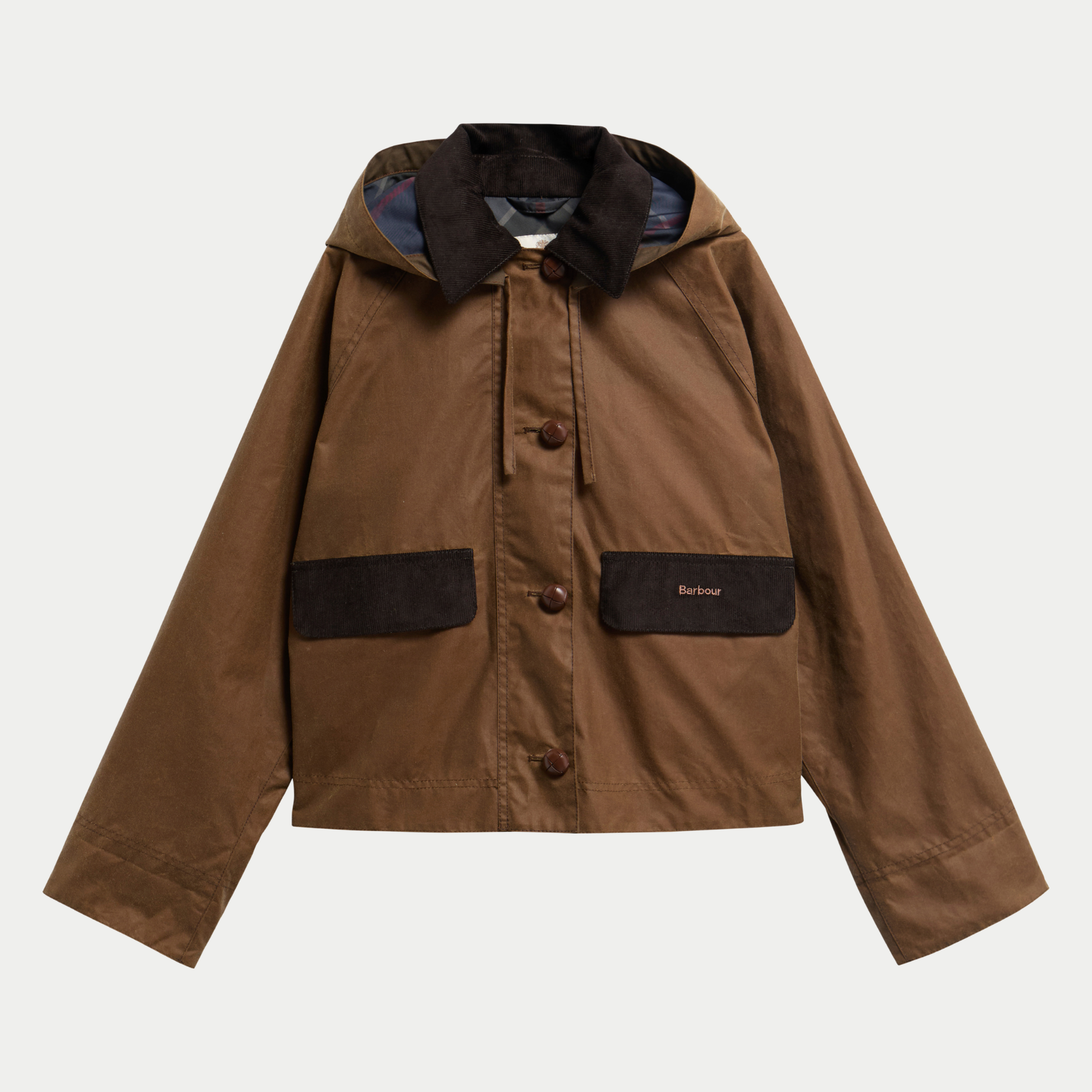 Veste cirée à capuche Adina camel à plat, col et rabats de poches en velours brun, doublure tartan