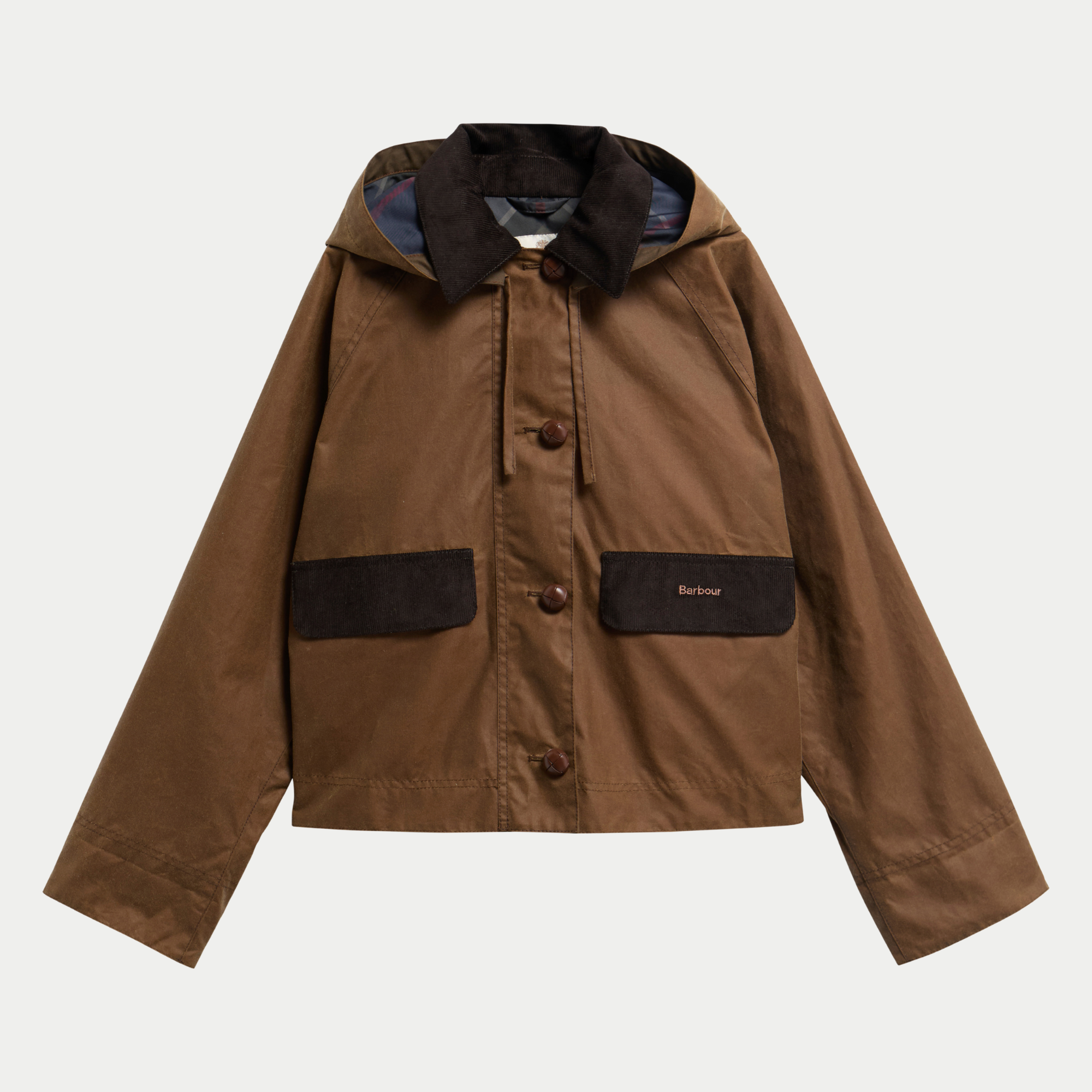 Veste cirée à capuche Adina camel à plat, col et rabats de poches en velours brun, doublure tartan