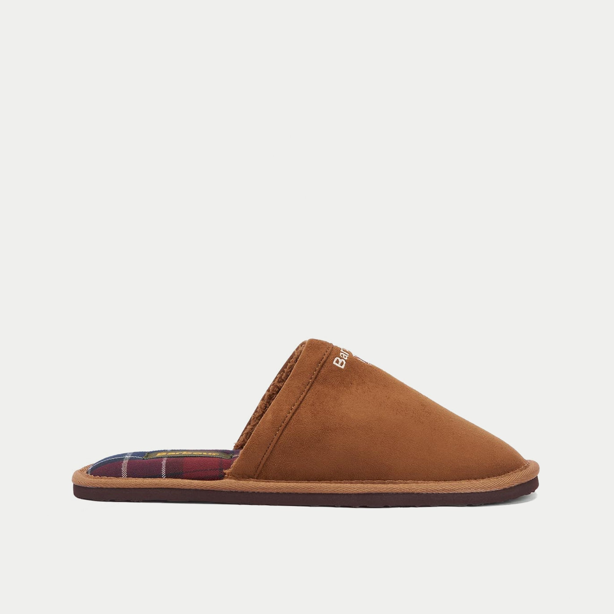 Chausson Everitt Camel Barbour de profil, empeigne fermée en suédine et fine semelle bordeaux