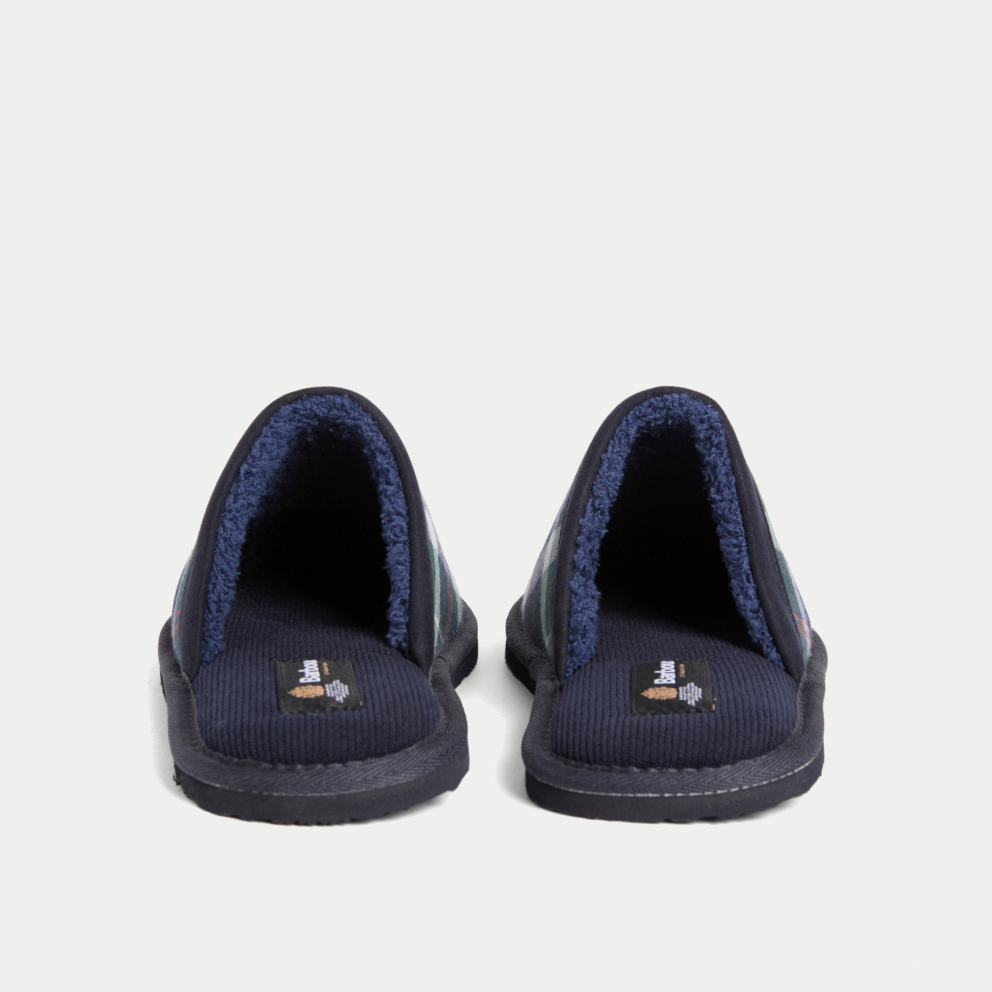 Chaussons Everitt Tartan Barbour de face, talon ouvert, col bordé de bouclette sherpa marine et première en velours côtelé