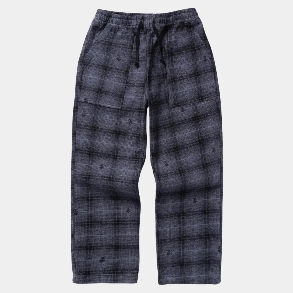 Chef Pant à plat en flanelle à carreaux gris et noir semée de petits chardons, taille à cordon