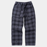 Chef Pant à plat en flanelle à carreaux gris et noir semée de petits chardons, taille à cordon