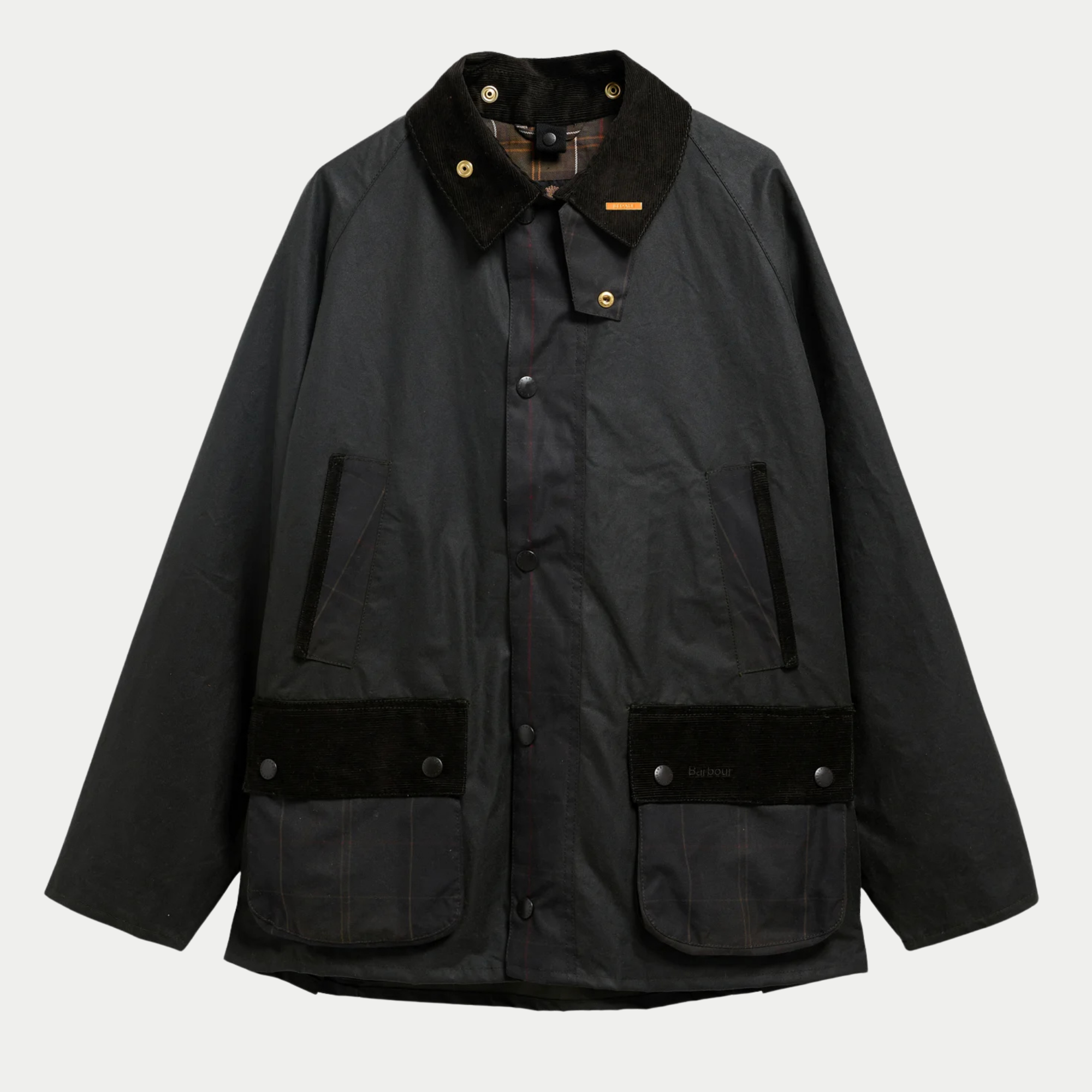 Veste cirée Icons Bedale Patch Sage Barbour à plat, face fermée, col velours côtelé et poches à soufflet à rabat côtelé