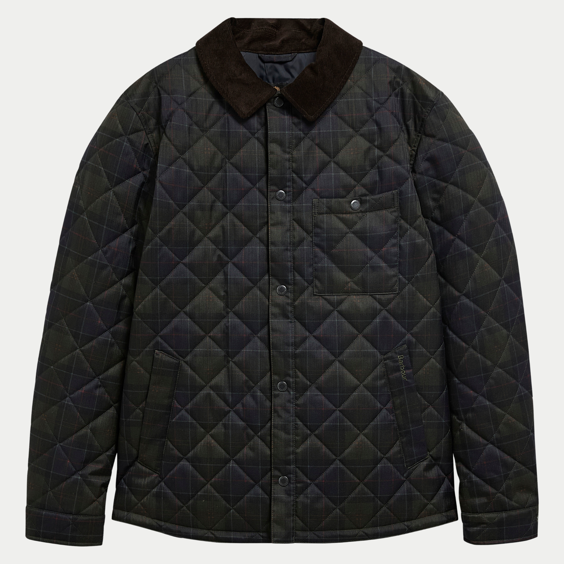 Veste-chemise matelassée Barbour tartan olive foncé, à plat de face, col en velours côtelé brun et poche poitrine plaquée