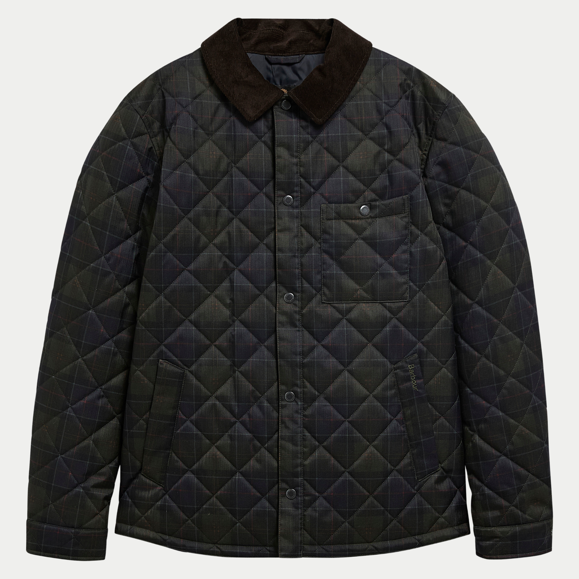 Veste-chemise matelassée Barbour tartan olive foncé, à plat de face, col en velours côtelé brun et poche poitrine plaquée