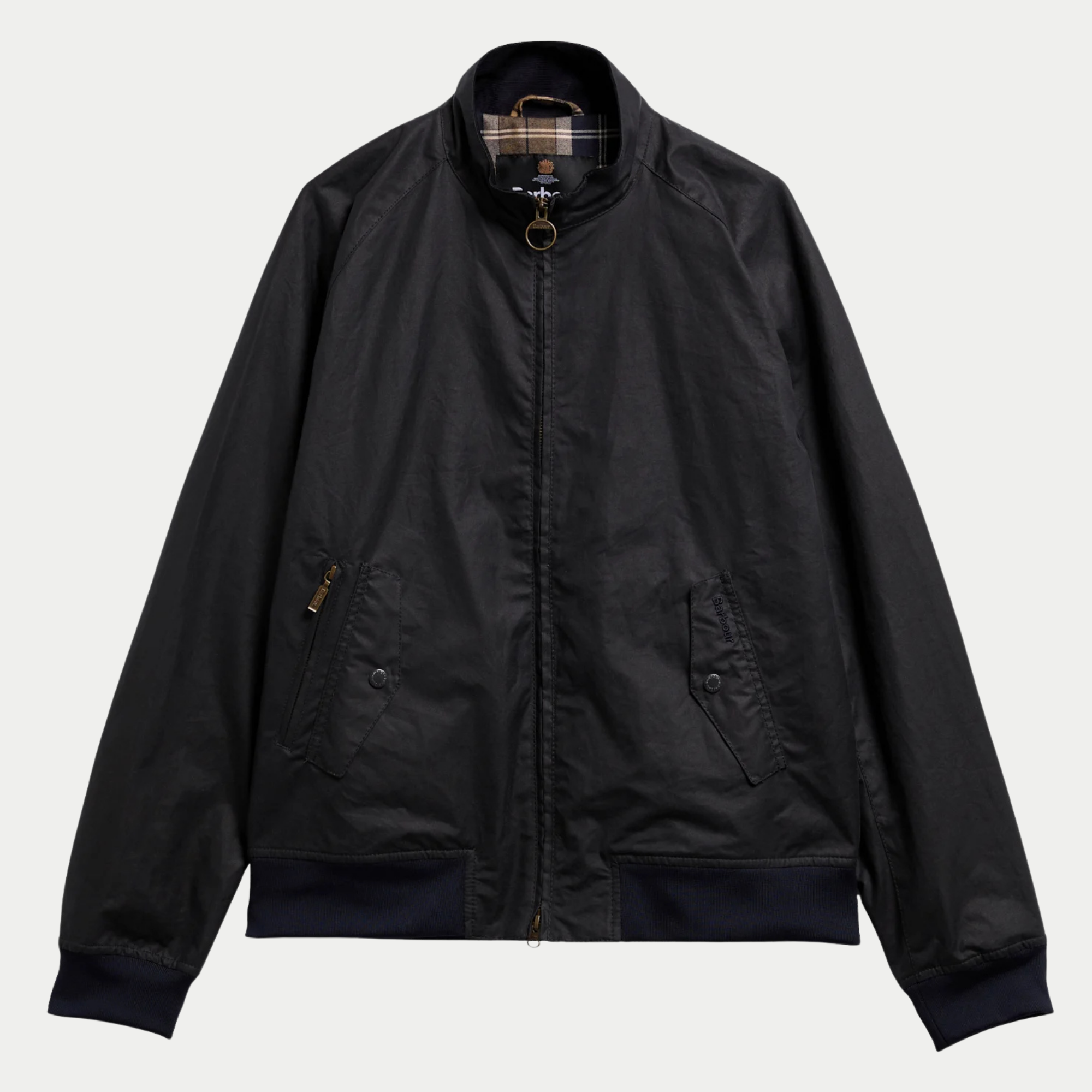 Blouson ciré Chelsea Marine Barbour à plat, col montant, zip laiton à anneau, poches à rabat et bords-côtes marine