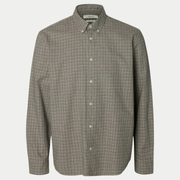 Chemise à carreaux Selected Homme Paloma, petits carreaux gris, beige et noir, vue de face à plat avec col boutonné