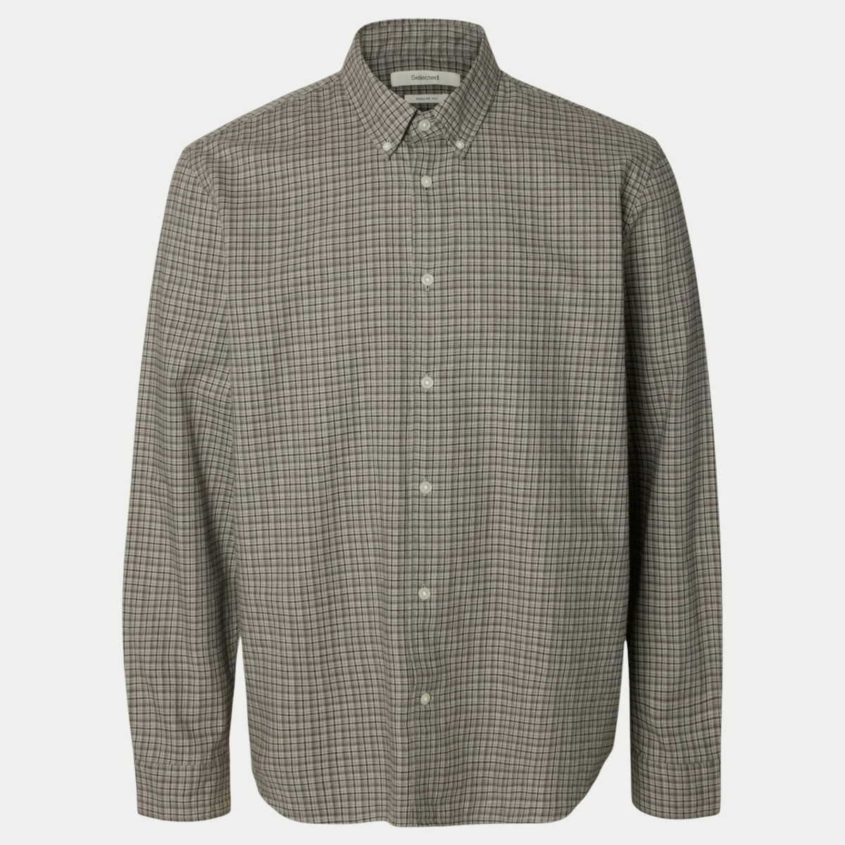 Chemise à carreaux Selected Homme Paloma, petits carreaux gris, beige et noir, vue de face à plat avec col boutonné