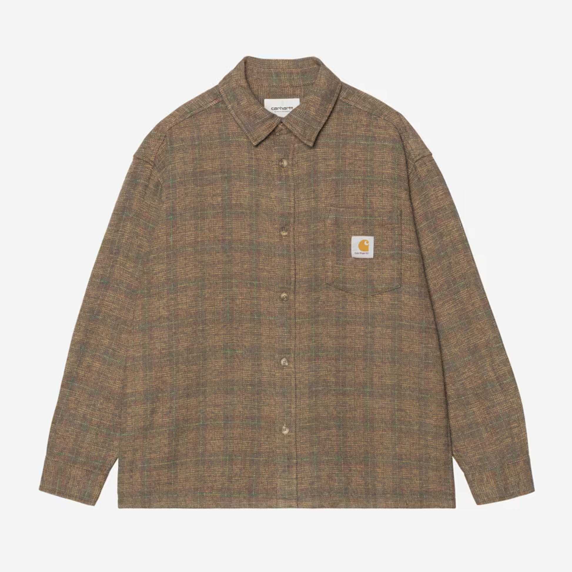 Chemise Bagley Carhartt WIP brun chiné, à plat de face boutonnée, poche poitrine et Square Label