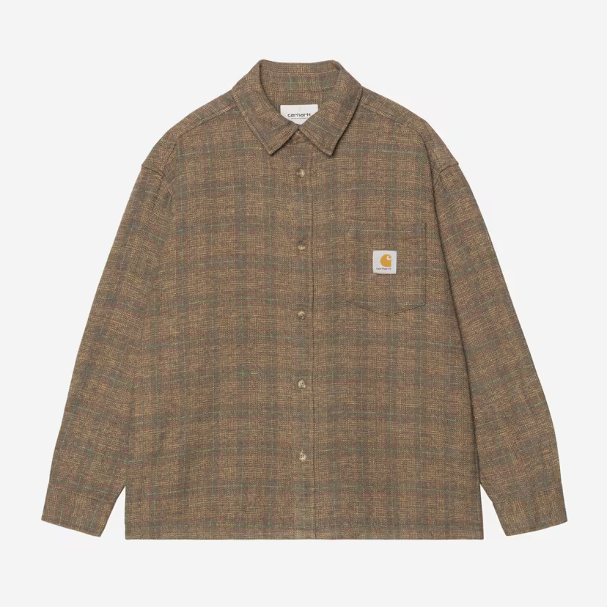 Chemise Bagley Carhartt WIP brun chiné, à plat de face boutonnée, poche poitrine et Square Label