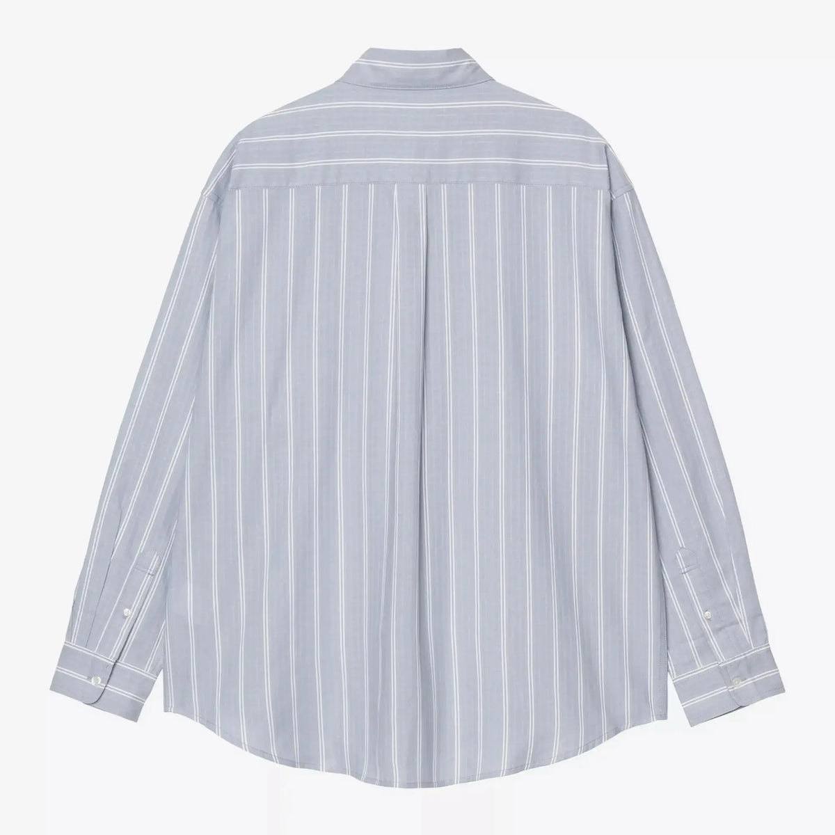 Dos de la chemise Beale à fines rayures blanches sur fond bleu gris, empiècement d'épaule et bas arrondi