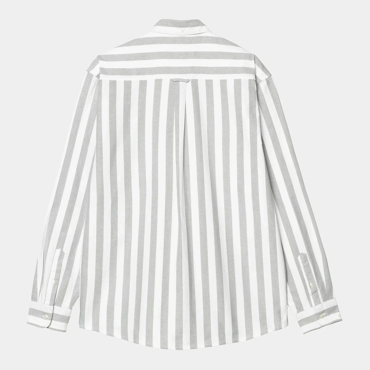 Dos à plat de la chemise Dillion rayée gris et blanc, empiècement d'épaules et pli d'aisance central