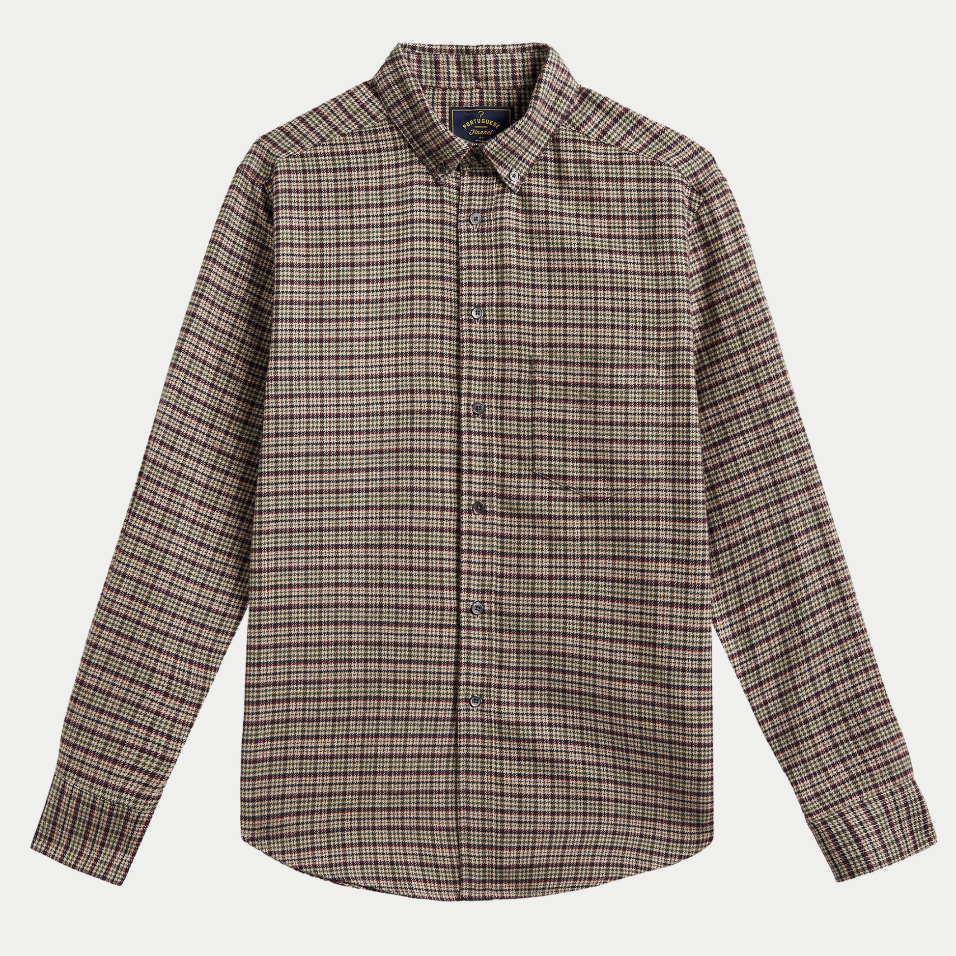 Chemise Feno en flanelle à micro-carreaux beige, olive et bordeaux, vue de face