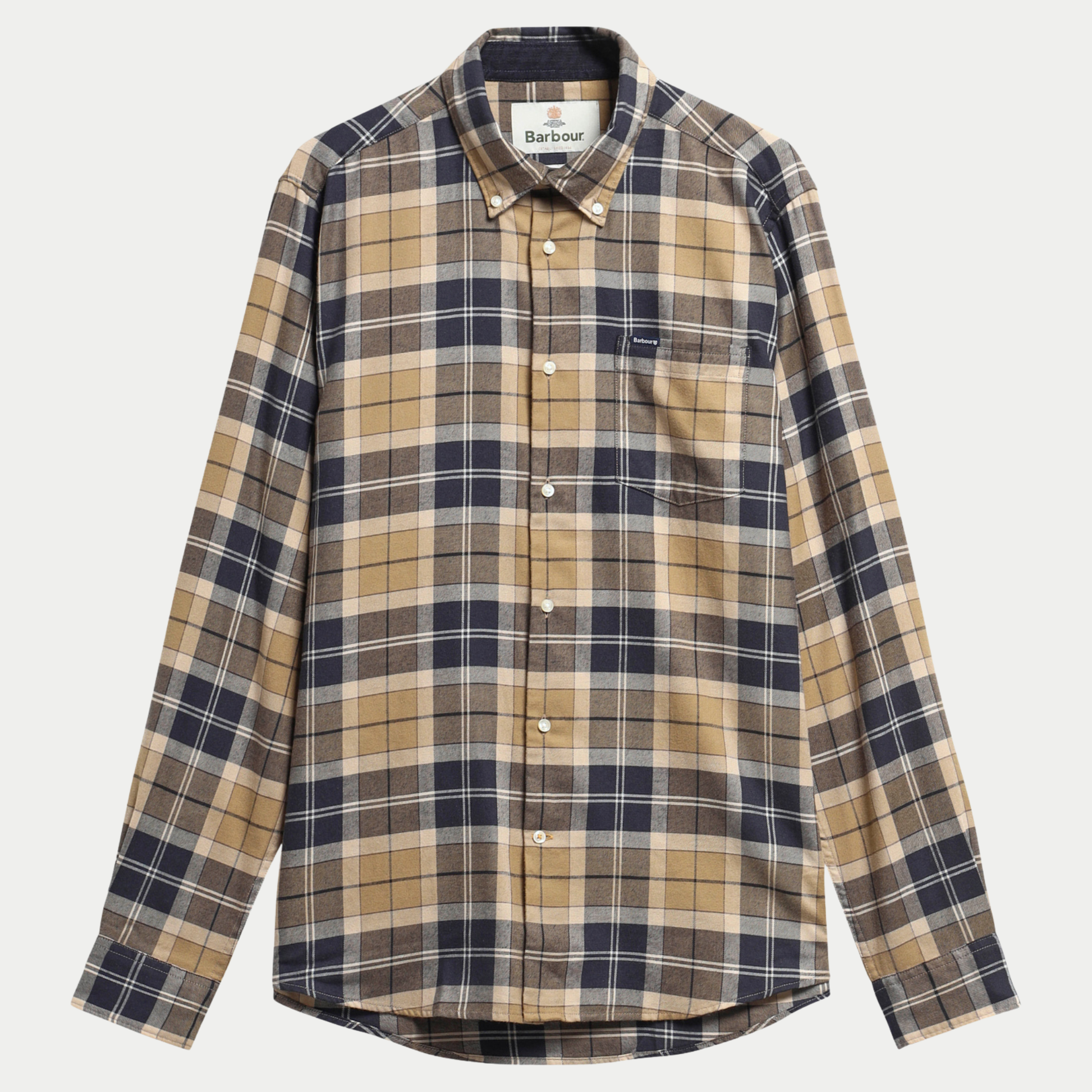 Chemise Barbour Fortrose en tartan Birchwood Dress beige camel et marine, col boutonné, vue de face à plat