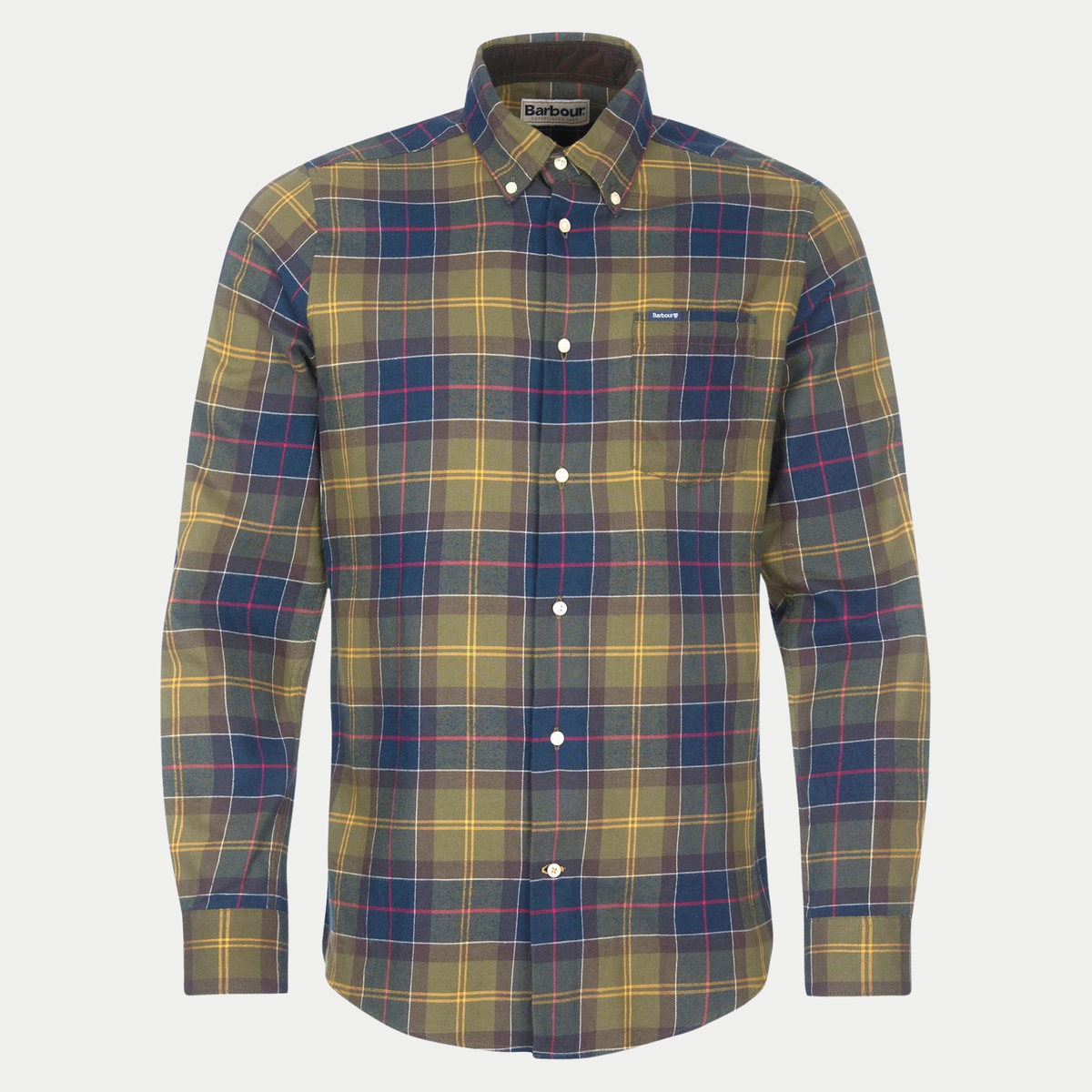 Chemise Barbour Fortrose en Classic Tartan olive et marine à filets rouge et jaune, col boutonné, vue de face à plat