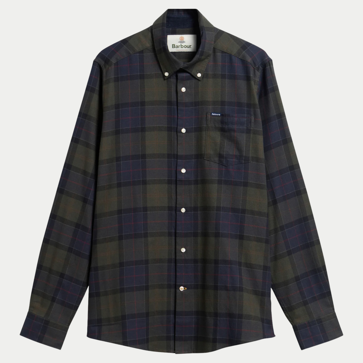 Chemise Barbour Fortrose en Shadow Classic Tartan olive foncé et bleu marine à filets rouges, col boutonné, vue de face à plat