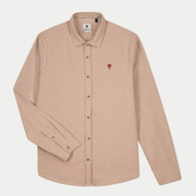 Chemise Iraty Faguo à fines rayures crème et beige rosé, vue à plat de face, manche gauche repliée