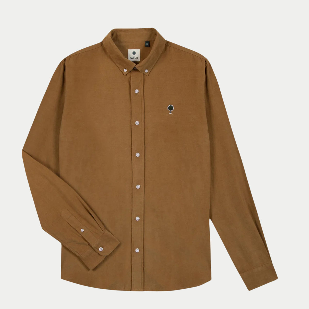 Chemise Ivoy Velours - Camel - Faguo à plat de face, col boutonné et logo arbre vert foncé sur la poitrine