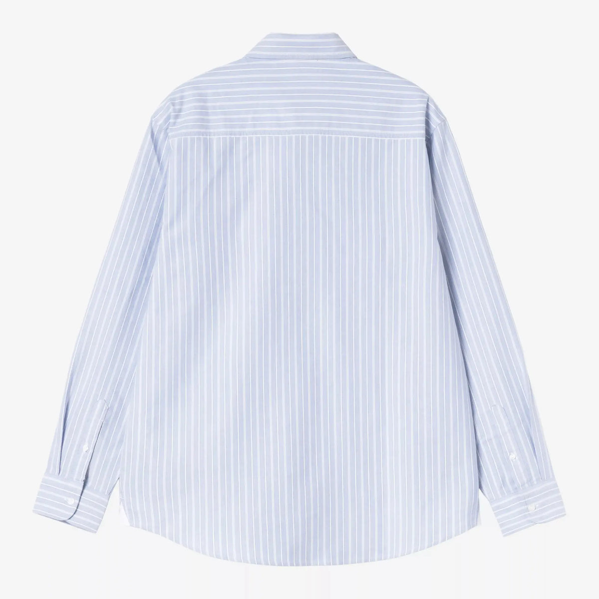 Dos à plat de la chemise Kanan rayée bleu ciel : empiècement d'épaule aux rayures horizontales, poignets boutonnés