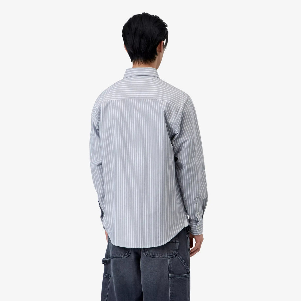 Chemise Kanan Carhartt WIP gris rayé blanc vue de dos, rayures verticales et poignets boutonnés
