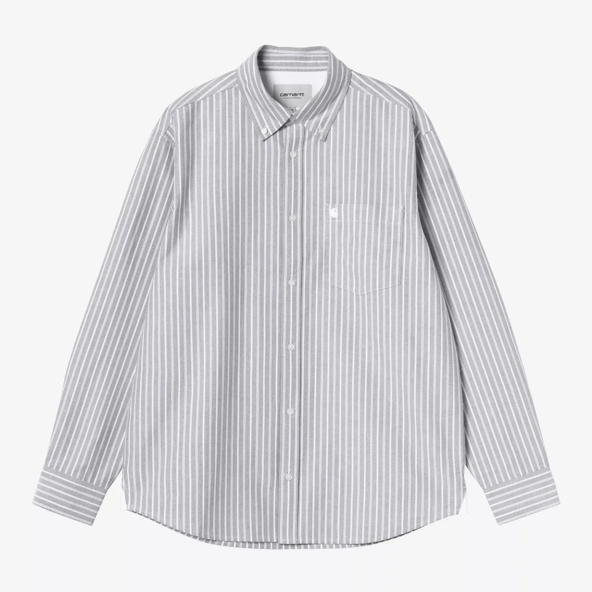 Chemise Kanan Carhartt WIP à plat, rayures blanches sur Oxford gris chiné, col boutonné et poche poitrine