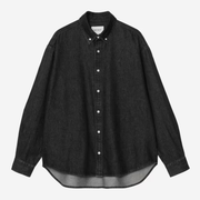 Chemise Lucas Carhartt WIP en denim noir Black Stone Washed, vue de face à plat, col boutonné et logo C brodé