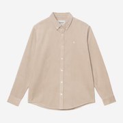 Chemise Carhartt WIP Madison en velours côtelé beige sable, vue de face à plat, C brodé ton sur ton